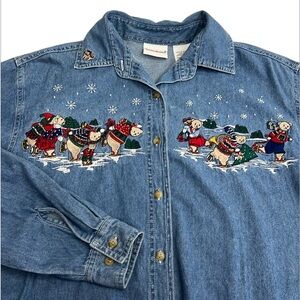 Bobbie Brooks Vintage Embroidered Bears Christmas Button Down Denim Shirt Size S
